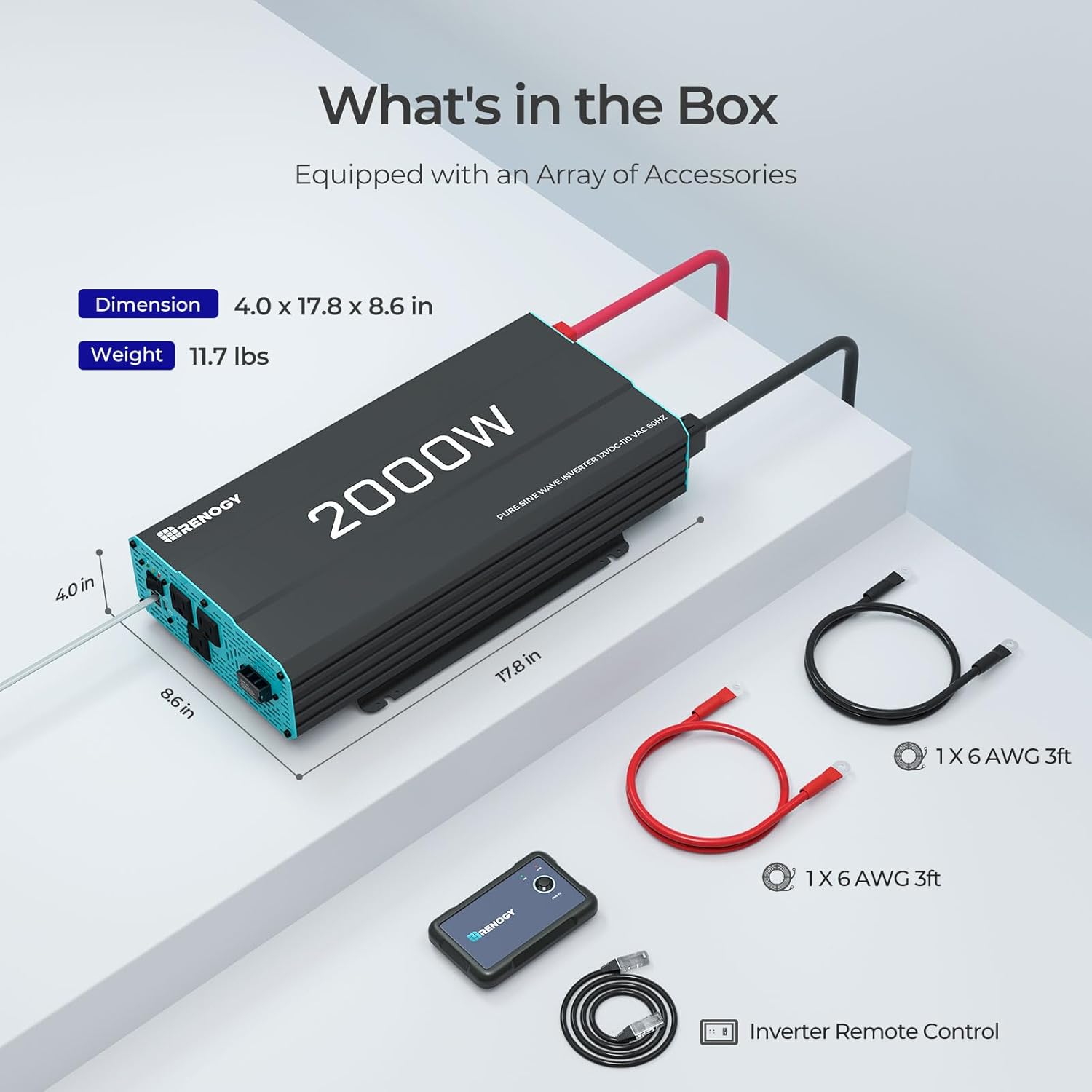 Renogy Inverter P2 2000W Pure Sine Wave Inverter 12V DC to 110V AC Converter, Off-Grid Solar Power Inverters for Vehicles, Truck, RV, Home, with Built-in 5V/2.1A USB / Hardwire Port, Remote Controller Renogy Inverter P2 2000W Pure Sine Wave Inverter 12V DC to 110V AC Converter, Off-Grid Solar Power Inverters for Vehicles, Truck, RV, Home, with Built-in 5V/2.1A USB / Hardwire Port, Remote Controller - Image 8