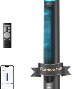 DREO Smart Tower Fan for Indoor & Outdoor Use, 33 ft/s High Velocity, 12 Speeds, 4 Modes Standing Floor Fan, 150° Customizable Oscillating, 20 dB Quiet DC Motor for Bedroom, Weather Resistant, Grey