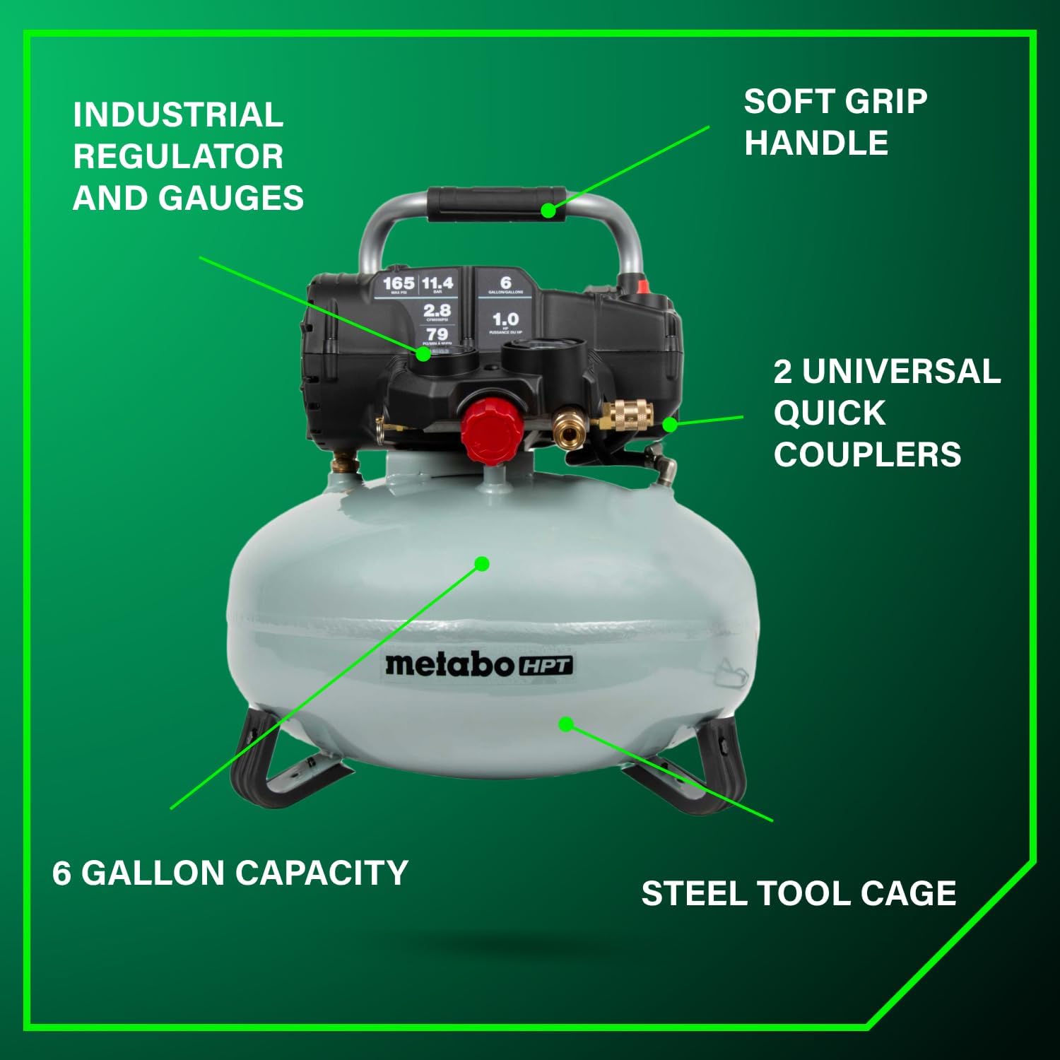 Metabo HPT Pancake Air Compressor, 6-Gallon 165PSI, Portable Air Compressor with 1.0 HP Oil-Free High Efficiency Motor, Lihghtweight, Quick Couplers for Fast Tool Changes, EC711S Metabo HPT Pancake Air Compressor, 6-Gallon 165PSI, Portable Air Compressor with 1.0 HP Oil-Free High Efficiency Motor, Lihghtweight, Quick Couplers for Fast Tool Changes, EC711S - Image 4