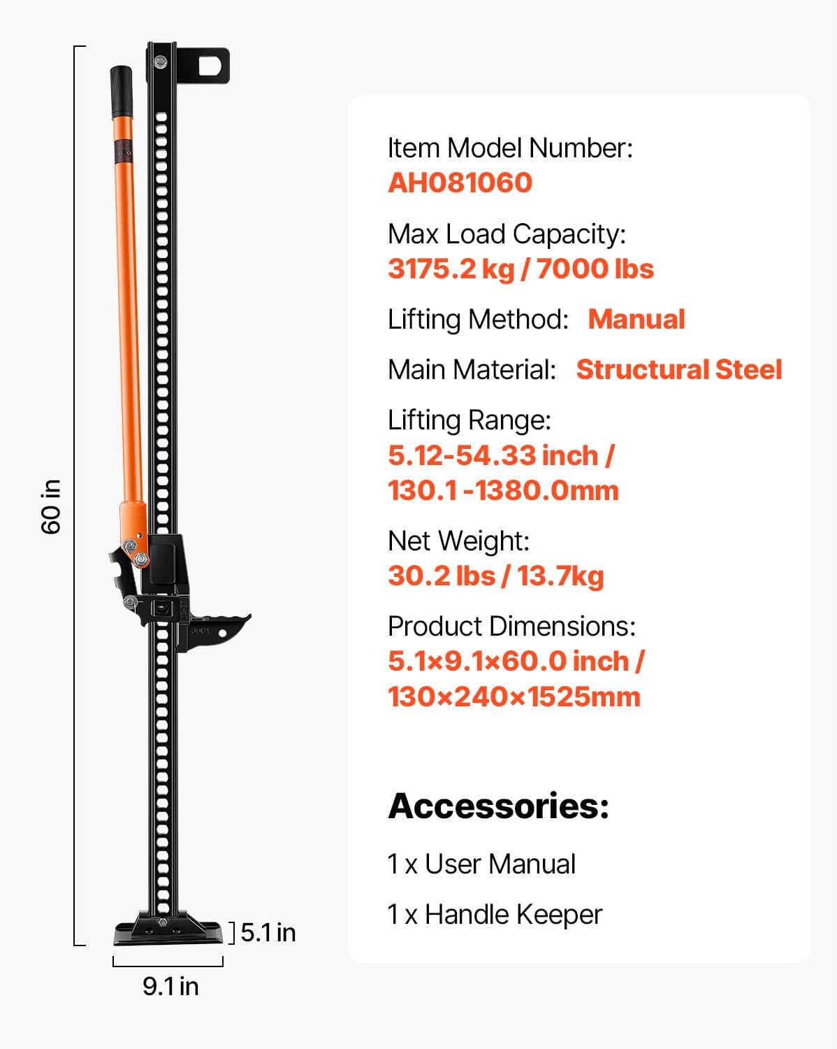VEVOR Farm Jack 60inch, 7000 lbs Capacity Ratcheting Off Road Jeep Jack for Tractor, Truck, SUV, Bumper Lift, Orange VEVOR Farm Jack 60inch, 7000 lbs Capacity Ratcheting Off Road Jeep Jack for Tractor, Truck, SUV, Bumper Lift, Orange - Image 7