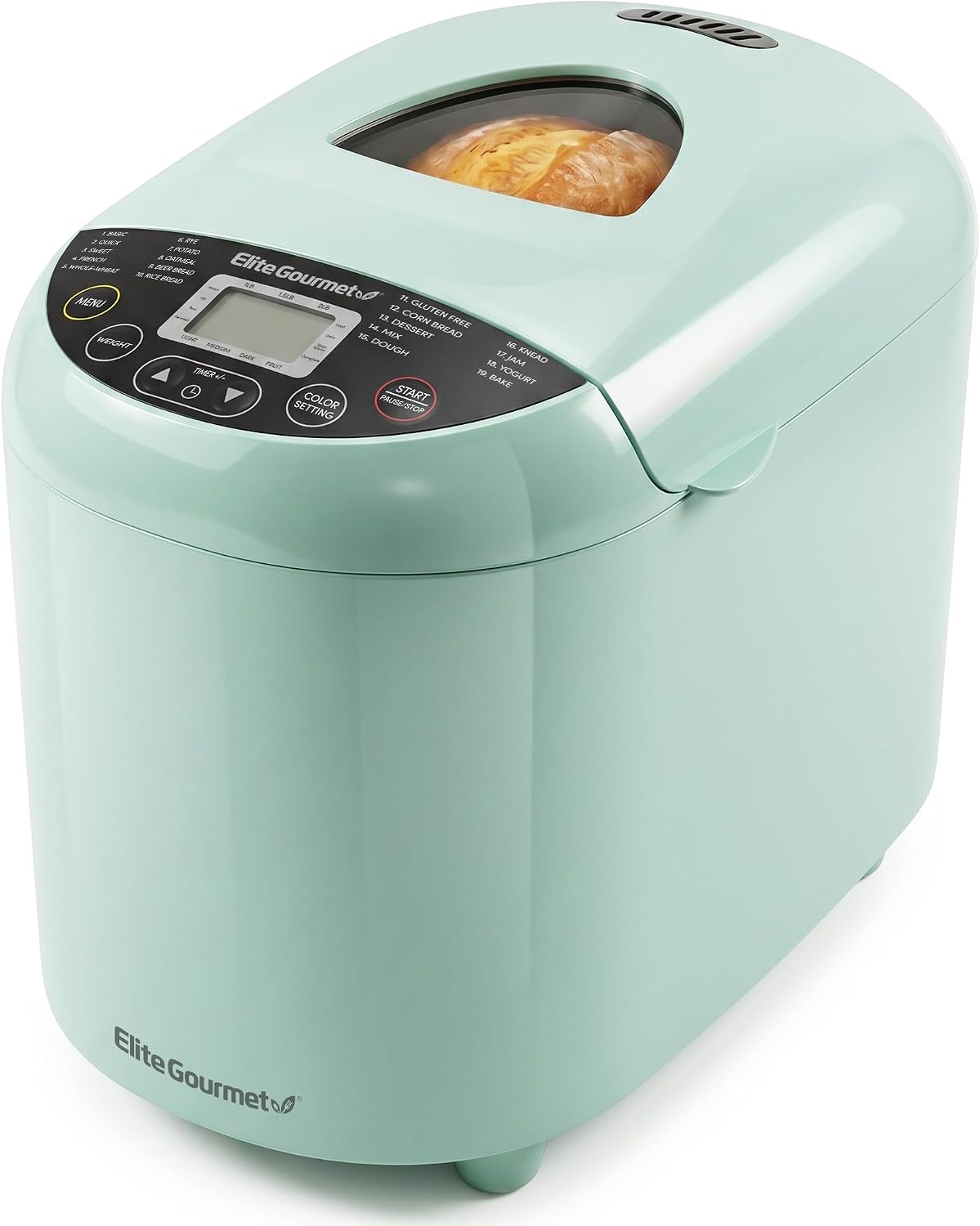 Elite Gourmet Programmable Bread Maker, 2 Lb, 3 Sizes, 19 Presets, Mint | Features Gluten-Free, Dough and Jam Presets Plus a Delay Timer Elite Gourmet Programmable Bread Maker, 2 Lb, 3 Sizes, 19 Presets, Mint | Features Gluten-Free, Dough and Jam Presets Plus a Delay Timer