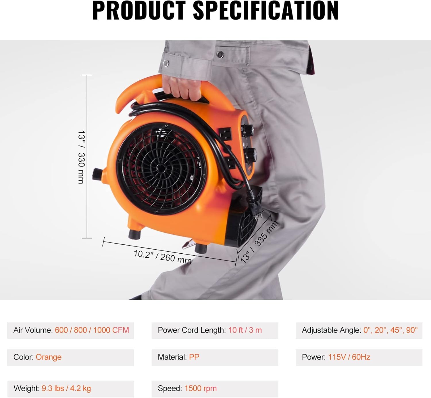VEVOR Air Mover, 1/4 HP 1000 CFM Carpet Dryer for Cooling and Ventilating, Portable Floor Blower Fan with 4 Blowing Angles and Time Function, for Janitorial, Home, Commercial Use VEVOR Air Mover, 1/4 HP 1000 CFM Carpet Dryer for Cooling and Ventilating, Portable Floor Blower Fan with 4 Blowing Angles and Time Function, for Janitorial, Home, Commercial Use - Image 7