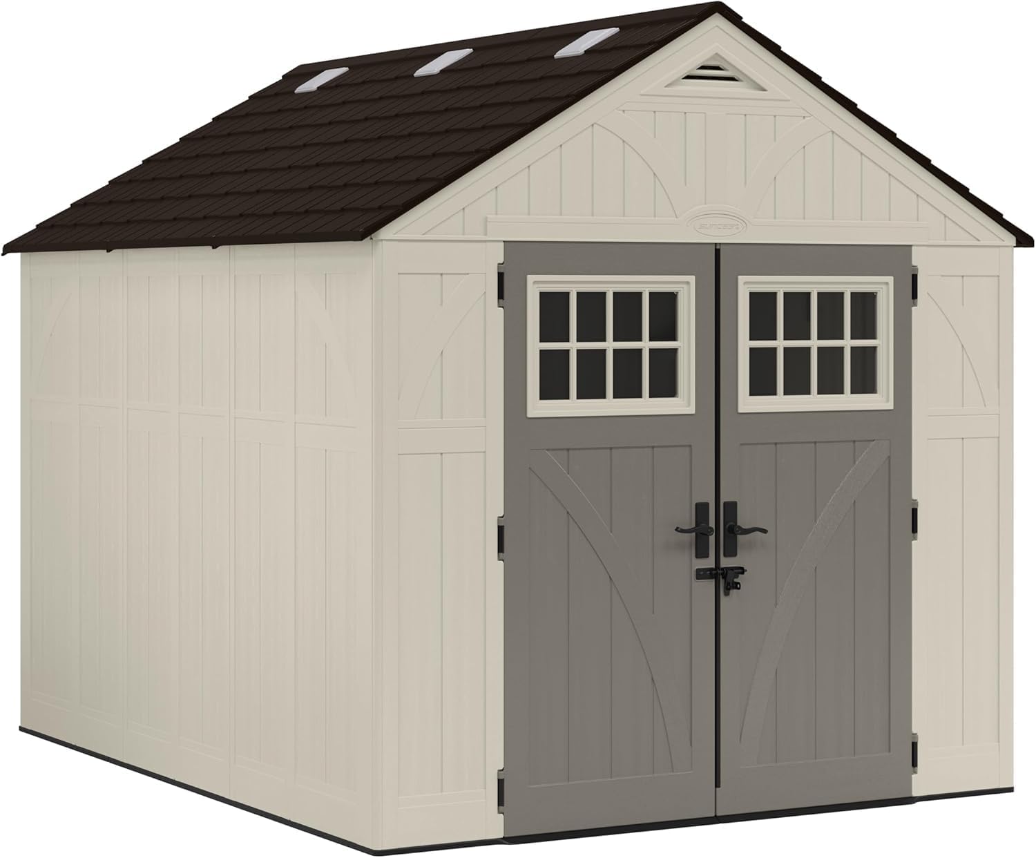 Suncast 8x10 Ft. Outdoor Storage Shed - Large Resin Outdoor Shed with Floor Included, Lockable Double Doors & Skylights. 547 Cu Ft Tremont Garden Resin Sheds for Lawn Tools, Riding Mowers, & Bikes Suncast 8x10 Ft. Outdoor Storage Shed - Large Resin Outdoor Shed with Floor Included, Lockable Double Doors & Skylights. 547 Cu Ft Tremont Garden Resin Sheds for Lawn Tools, Riding Mowers, & Bikes
