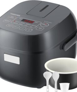 TOSHIBA Small Rice Cooker, 3-Cup Uncooked, for 1-3 People, LCD Display, 8 Cooking Functions, Nonstick Inner Pot, Grey
