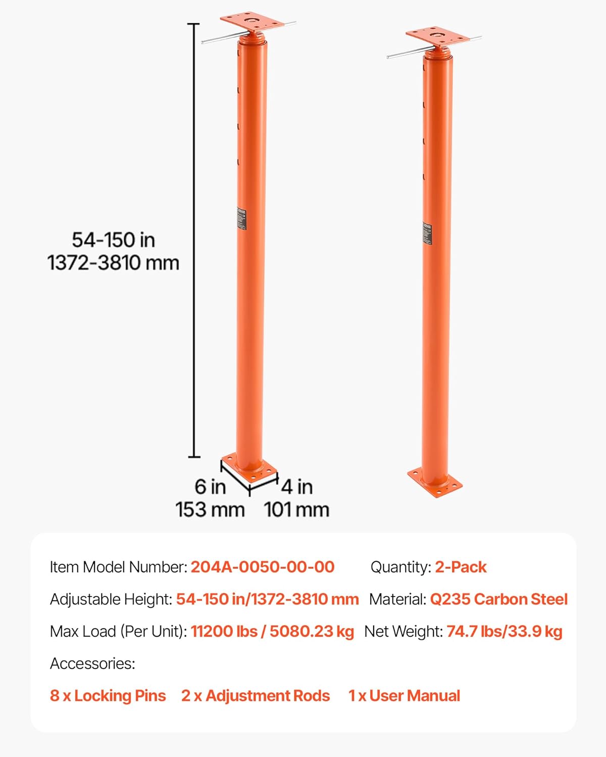 VEVOR House Floor Jacks, 2 Pack 54-150 Inch Height Range, 11200 lbs Max Load Capacity, Adjustable Support Beam Basement Jack Post Pole for Leveling, Lift Steel Telescoping Post for Temporary Support VEVOR House Floor Jacks, 2 Pack 54-150 Inch Height Range, 11200 lbs Max Load Capacity, Adjustable Support Beam Basement Jack Post Pole for Leveling, Lift Steel Telescoping Post for Temporary Support - Image 7