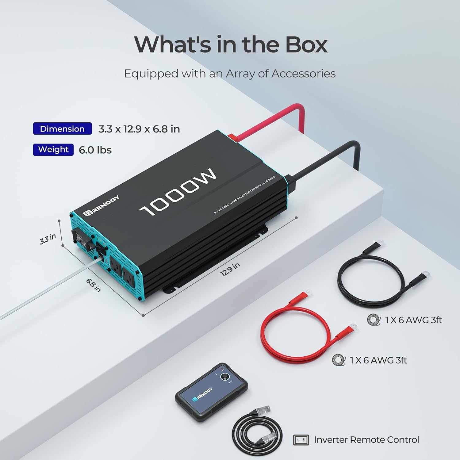 Renogy 1000W Pure Sine Wave Inverter 12V DC to 120V AC Converter for Home, RV, Truck, Off-Grid Solar Power 110V with Built-in 5V/2.1A USB Port, Hardwire Remote Controller Renogy 1000W Pure Sine Wave Inverter 12V DC to 120V AC Converter for Home, RV, Truck, Off-Grid Solar Power 110V with Built-in 5V/2.1A USB Port, Hardwire Remote Controller - Image 3