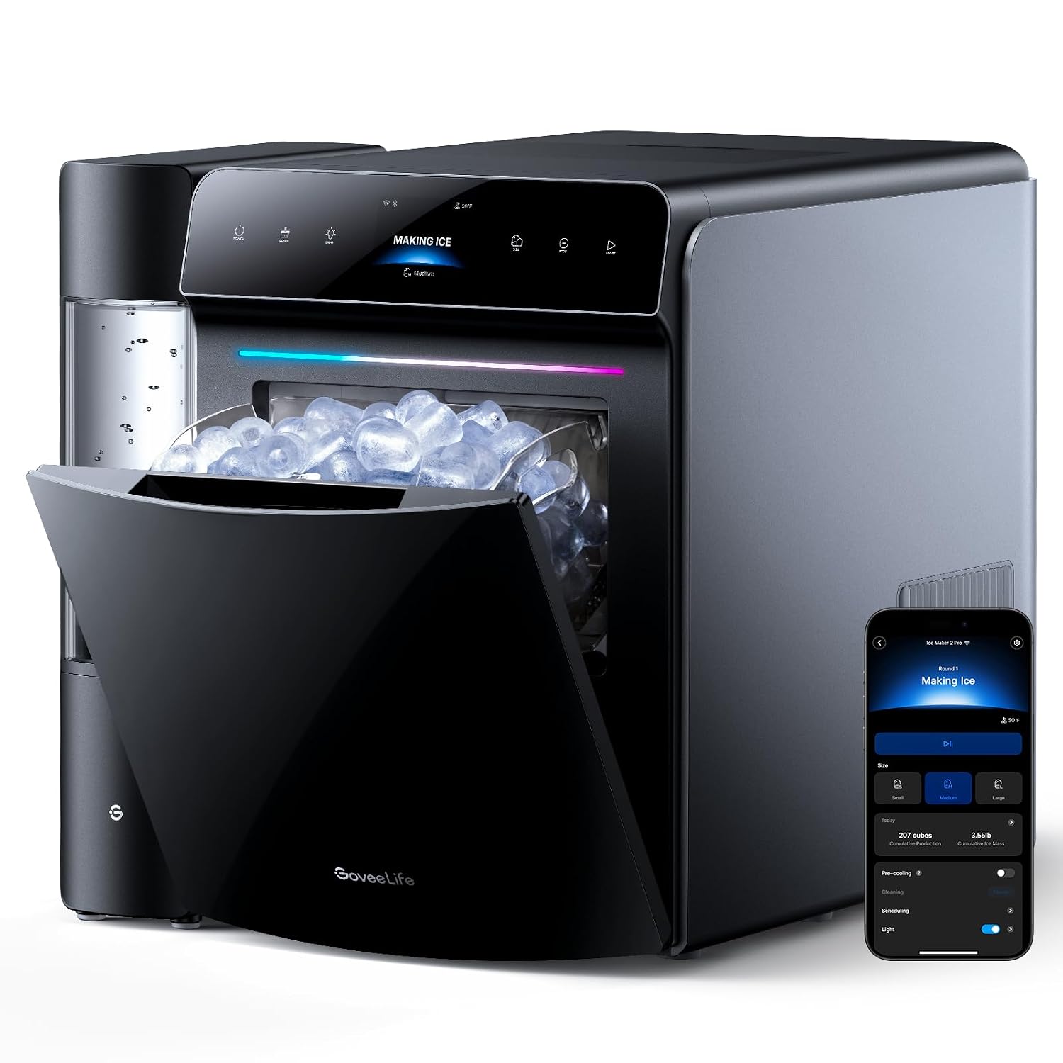 GoveeLife Smart Countertop Ice Maker 2 Pro, 3 Mins 9 Ice Cubes with 3 Sizes | 47lbs Daily, 40dB Quiet, Smart Pre-Cooling, App & Voice Control, Self-Clean, Dual Water Tanks for Home, Coffee, Party, Office GoveeLife Smart Countertop Ice Maker 2 Pro, 3 Mins 9 Ice Cubes with 3 Sizes | 47lbs Daily, 40dB Quiet, Smart Pre-Cooling, App & Voice Control, Self-Clean, Dual Water Tanks for Home, Coffee, Party, Office