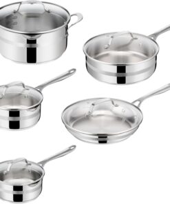 Jamie Oliver by T-fal Cooks Smart 10-Piece Stainless Steel Cookware Set | Stainless steel interior, Thermo-Fusion induction base, Oven safe to 500°F, Dishwasher safe, Heat indicator included