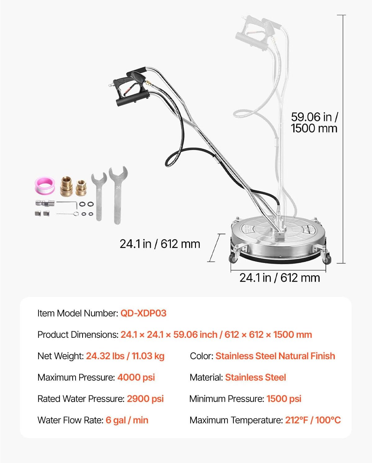 VEVOR 24 Inch Pressure Washer Surface Cleaner, 4000 PSI Stainless Steel Attachment with 4 Wheels, 2 Nozzles, 3/8 Inch Quick Connect and Dual Handle for Concrete, Patio, Sidewalk VEVOR 24 Inch Pressure Washer Surface Cleaner, 4000 PSI Stainless Steel Attachment with 4 Wheels, 2 Nozzles, 3/8 Inch Quick Connect and Dual Handle for Concrete, Patio, Sidewalk - Image 6