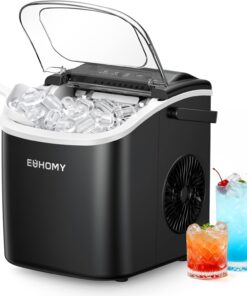 EUHOMY Countertop Ice Maker Machine with Handle, 26lbs in 24Hrs, 9 Ice Cubes Ready in 6 Mins, Auto-Cleaning Portable Ice Maker with Basket and Scoop, for Home/Kitchen/Camping/RV. (Black)