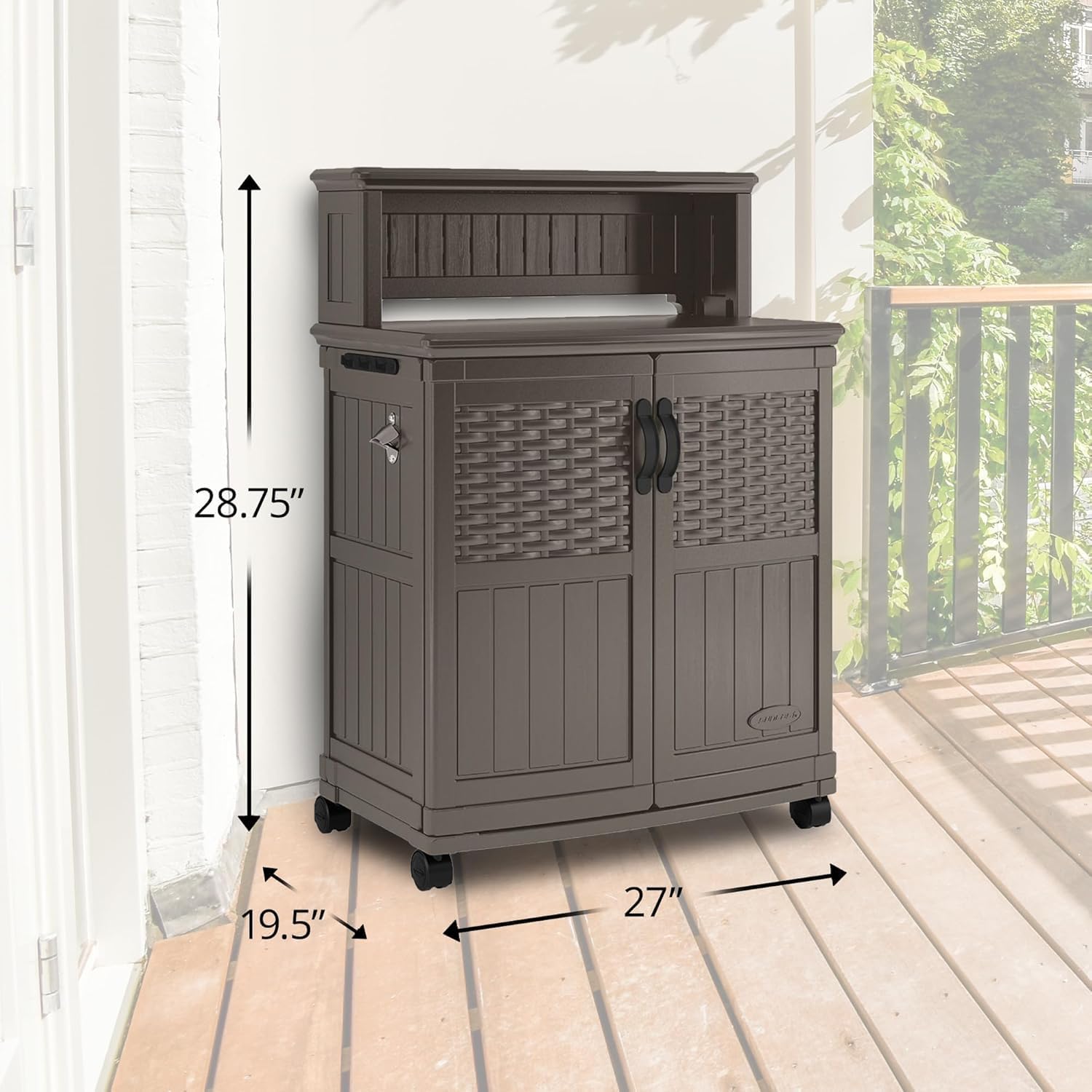Suncast Patio Plastic Storage and Prep Station with Decorative Wicker Pattern and Multi Wall Panels for Patio, Garden, and Lawn Use, Stoney Gray Suncast Patio Plastic Storage and Prep Station with Decorative Wicker Pattern and Multi Wall Panels for Patio, Garden, and Lawn Use, Stoney Gray - Image 3