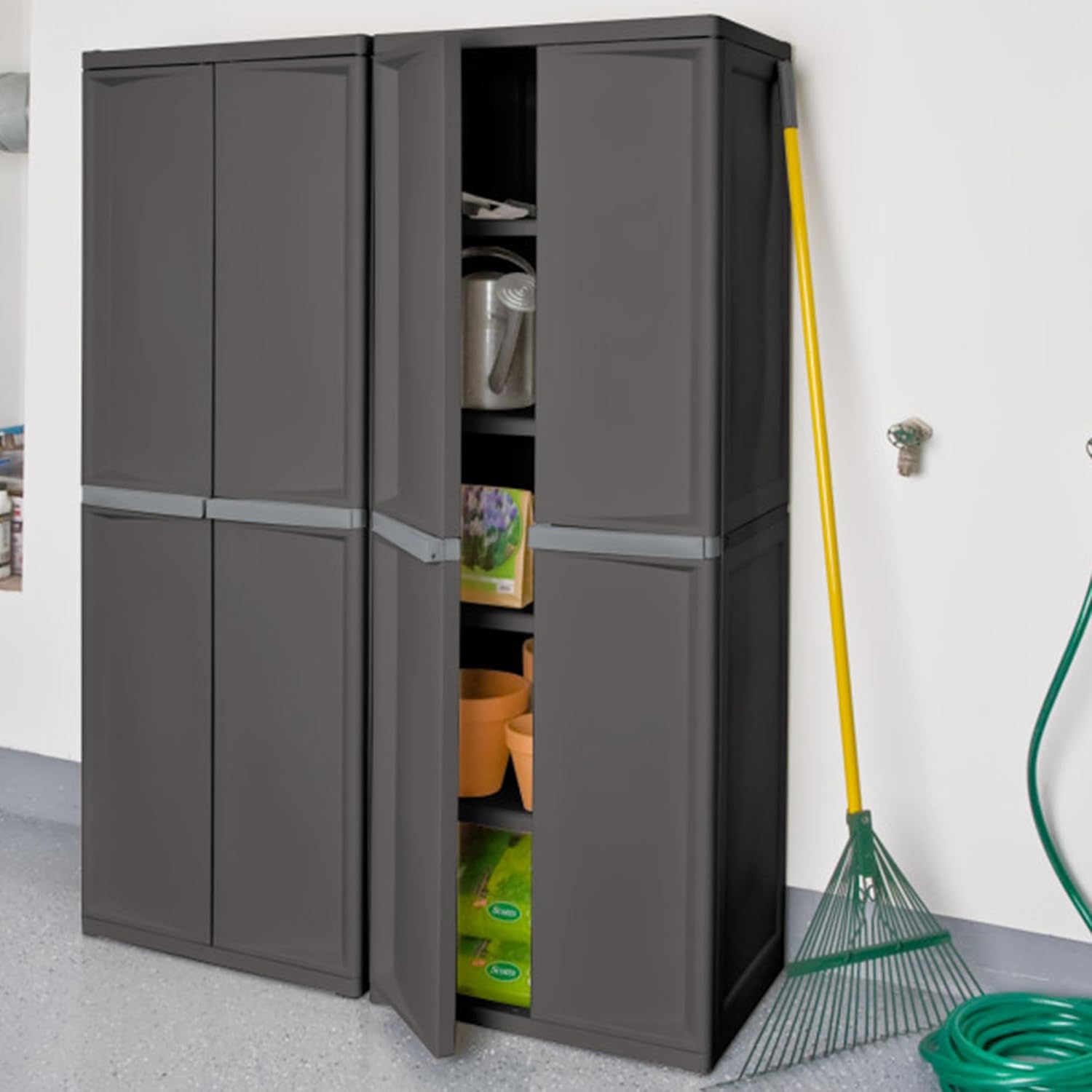 Sterilite 2-Pack 4 Shelf Cabinet, Lockable Utility Storage w/Adjustable Shelves, Gray - Plastic Shelving Unit for Organizing Garage, Pantry, Basement, Laundry Room or Mudroom Sterilite 2-Pack 4 Shelf Cabinet, Lockable Utility Storage w/Adjustable Shelves, Gray - Plastic Shelving Unit for Organizing Garage, Pantry, Basement, Laundry Room or Mudroom - Image 2