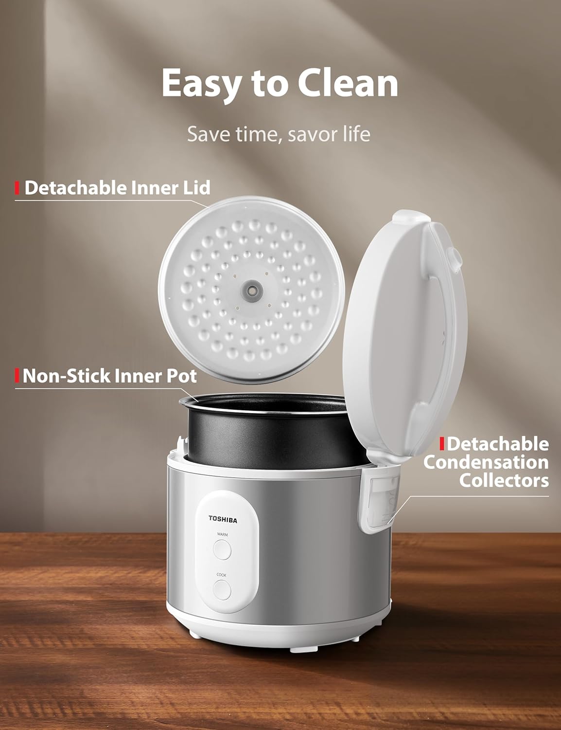TOSHIBA Rice Cooker & Steamer Simple 5.5 Cup(Uncooked) with Steaming Basket, Removable Non-Stick Inner Pot & Inner Lid, for Soups, Stews, Grains&Oatmeal, One Touch&Keep Warm Function, Silvery White TOSHIBA Rice Cooker & Steamer Simple 5.5 Cup(Uncooked) with Steaming Basket, Removable Non-Stick Inner Pot & Inner Lid, for Soups, Stews, Grains&Oatmeal, One Touch&Keep Warm Function, Silvery White - Image 7