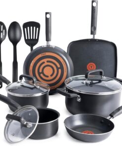 T-Fal Signature Nonstick Pots and Pans Set 12 Piece, Oven Broiler Safe 350F, Kitchen Cookware Set w/Fry Pans, Saucepans, Saute Pan, Dutch Oven, Griddle, Kitchen, Home, Dishwasher Safe, Black