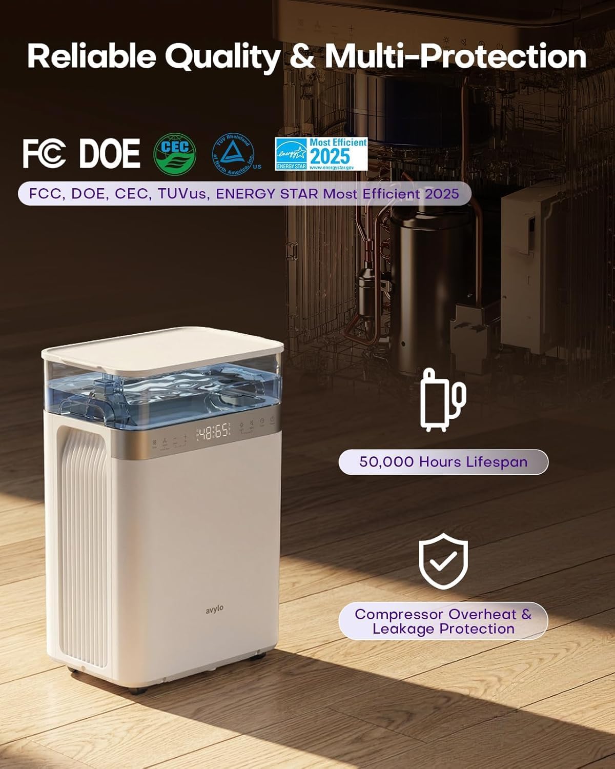 avylo Dehumidifier for Basement with Pump and Hose, Max 90 Pints/D, White | Energy Star Most Efficient 2025,5000 Sq.Ft Dehumidifier,Top Mounted 2.11Gal Tank,3 Drainage Option,Auto Shut Off,Auto Defrost avylo Dehumidifier for Basement with Pump and Hose, Max 90 Pints/D, White | Energy Star Most Efficient 2025,5000 Sq.Ft Dehumidifier,Top Mounted 2.11Gal Tank,3 Drainage Option,Auto Shut Off,Auto Defrost - Image 5