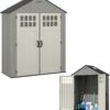 Suncast Everett 6x3 ft Vertical Storage Shed - Resin Outdoor Garden Shed with Floor, Windows, Skylight & Lockable Double Doors. Slim Yard Storage for Utility Tools & Backyard Equipment