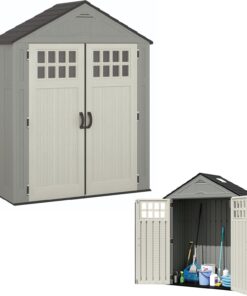 Suncast Everett 6x3 ft Vertical Storage Shed - Resin Outdoor Garden Shed with Floor, Windows, Skylight & Lockable Double Doors. Slim Yard Storage for Utility Tools & Backyard Equipment