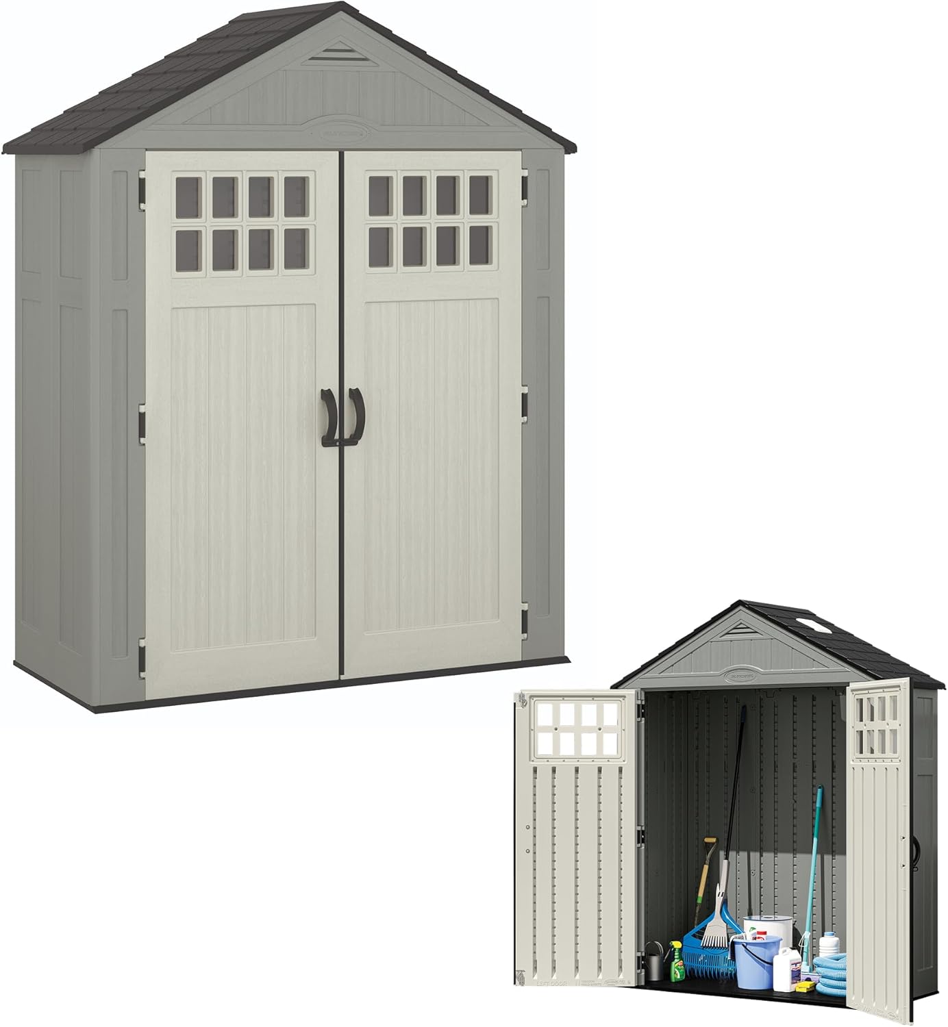 Suncast Everett 6x3 ft Vertical Storage Shed - Resin Outdoor Garden Shed with Floor, Windows, Skylight & Lockable Double Doors. Slim Yard Storage for Utility Tools & Backyard Equipment Suncast Everett 6x3 ft Vertical Storage Shed - Resin Outdoor Garden Shed with Floor, Windows, Skylight & Lockable Double Doors. Slim Yard Storage for Utility Tools & Backyard Equipment