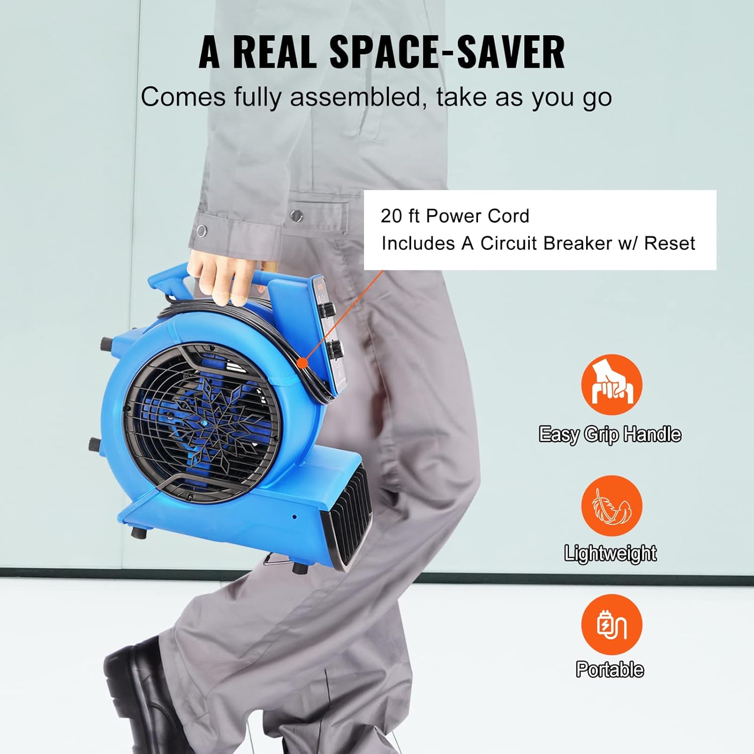 VEVOR Air Mover, 1/2 HP 2600 CFM Carpet Dryer for Cooling and Ventilating, Portable Floor Blower Fan with 4 Blowing Angles and Time Function, for Janitorial, Home, Commercial Use VEVOR Air Mover, 1/2 HP 2600 CFM Carpet Dryer for Cooling and Ventilating, Portable Floor Blower Fan with 4 Blowing Angles and Time Function, for Janitorial, Home, Commercial Use - Image 6