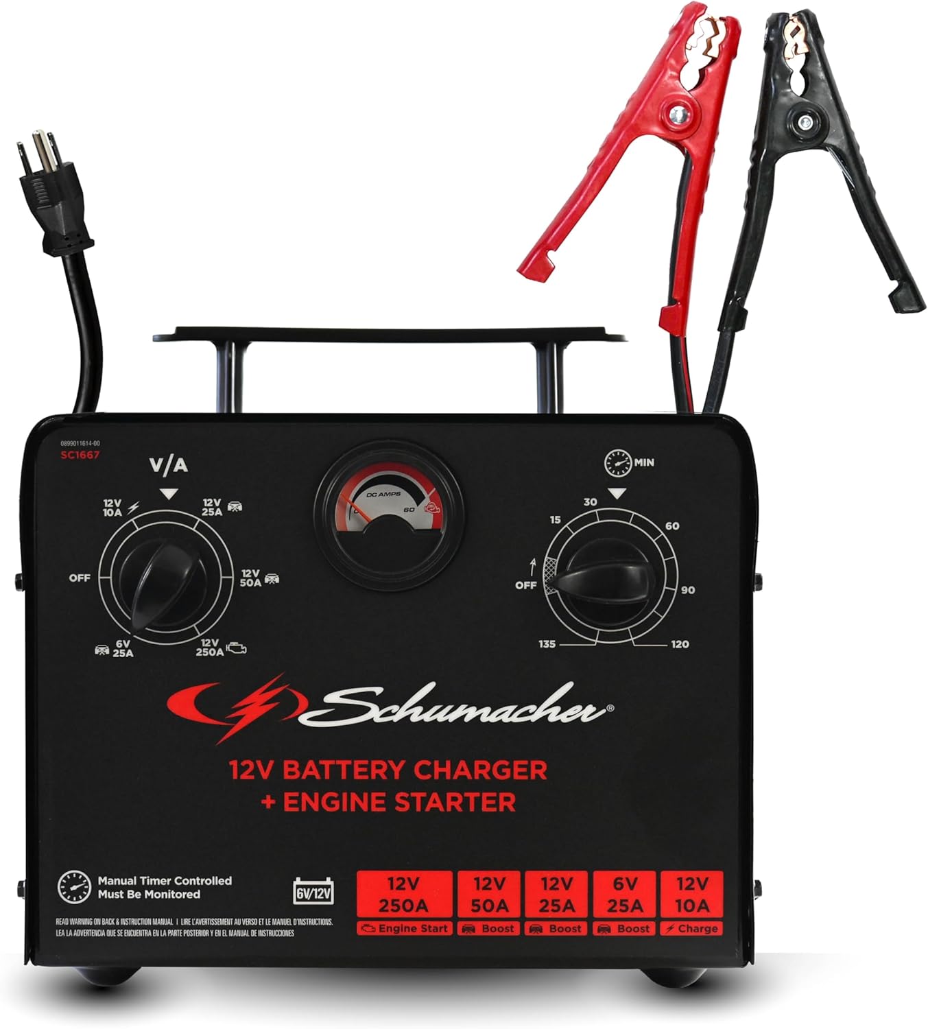 Schumacher Electric 6V/12V Time Controlled Battery Charger & Engine Starter - Precision Controlled Charger with 135-minute Timer & Overload Protection - 250 Cranking Amps & 3 Boost Modes - SC1667 Schumacher Electric 6V/12V Time Controlled Battery Charger & Engine Starter - Precision Controlled Charger with 135-minute Timer & Overload Protection - 250 Cranking Amps & 3 Boost Modes - SC1667