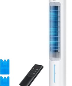 DREO Evaporative Air Swamp Cooler, 40” Standing Fans that Blow Cold Air, 80° Oscillating Bladeless Cooling Fan for Bedroom, Removable Water Tank, Ice Packs, Remote Control, 4 Speeds, 7H Timer, White