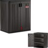 Suncast Heavy-Duty Resin Outdoor Storage Cabinet, 30" W x 20.25" D x 36" H Dark Grey Base Garage Storage Cabinet with Lockable Doors and Metal Reinforced Shelves, Made in the USA