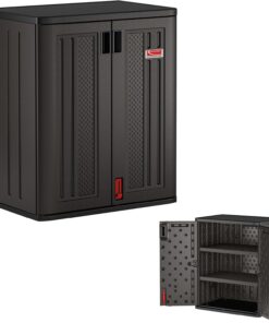 Suncast Heavy-Duty Resin Outdoor Storage Cabinet, 30" W x 20.25" D x 36" H Dark Grey Base Garage Storage Cabinet with Lockable Doors and Metal Reinforced Shelves, Made in the USA