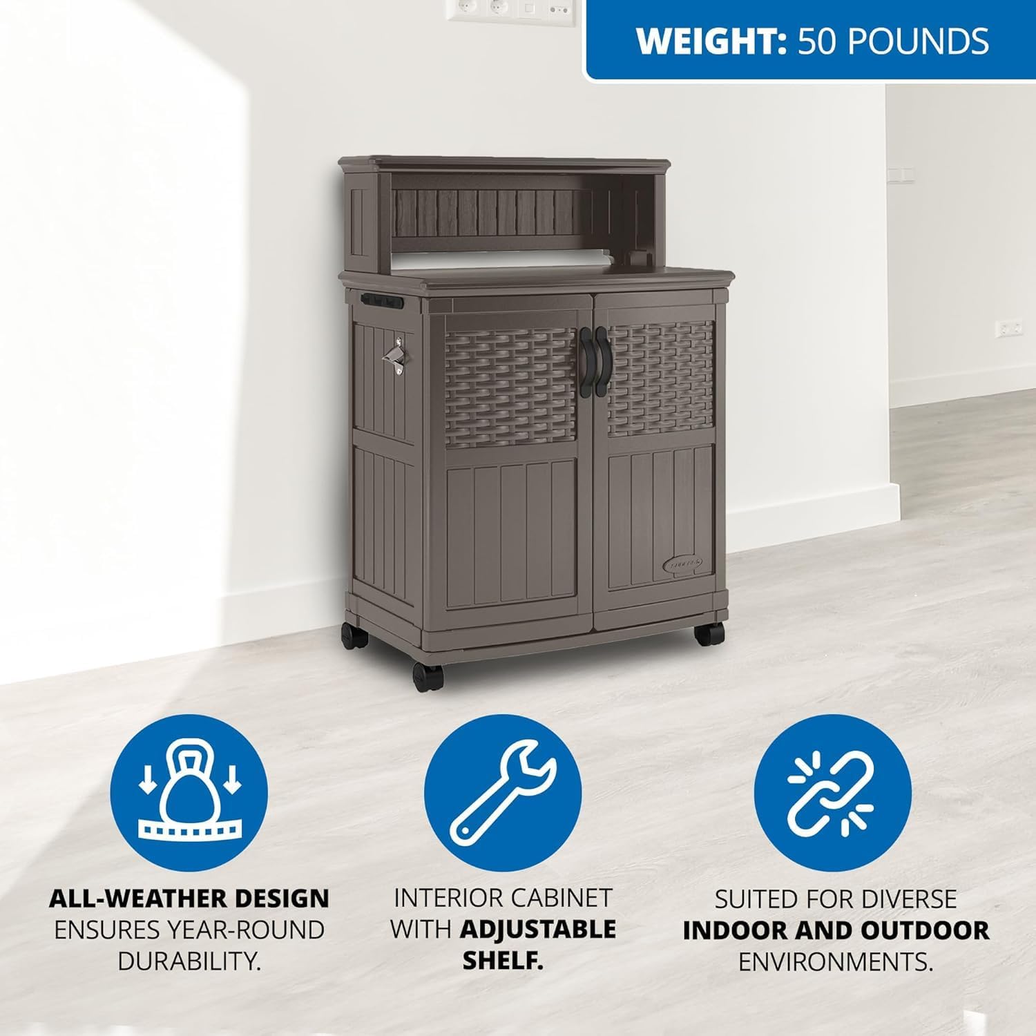 Suncast Patio Plastic Storage and Prep Station with Decorative Wicker Pattern and Multi Wall Panels for Patio, Garden, and Lawn Use, Stoney Gray Suncast Patio Plastic Storage and Prep Station with Decorative Wicker Pattern and Multi Wall Panels for Patio, Garden, and Lawn Use, Stoney Gray - Image 4