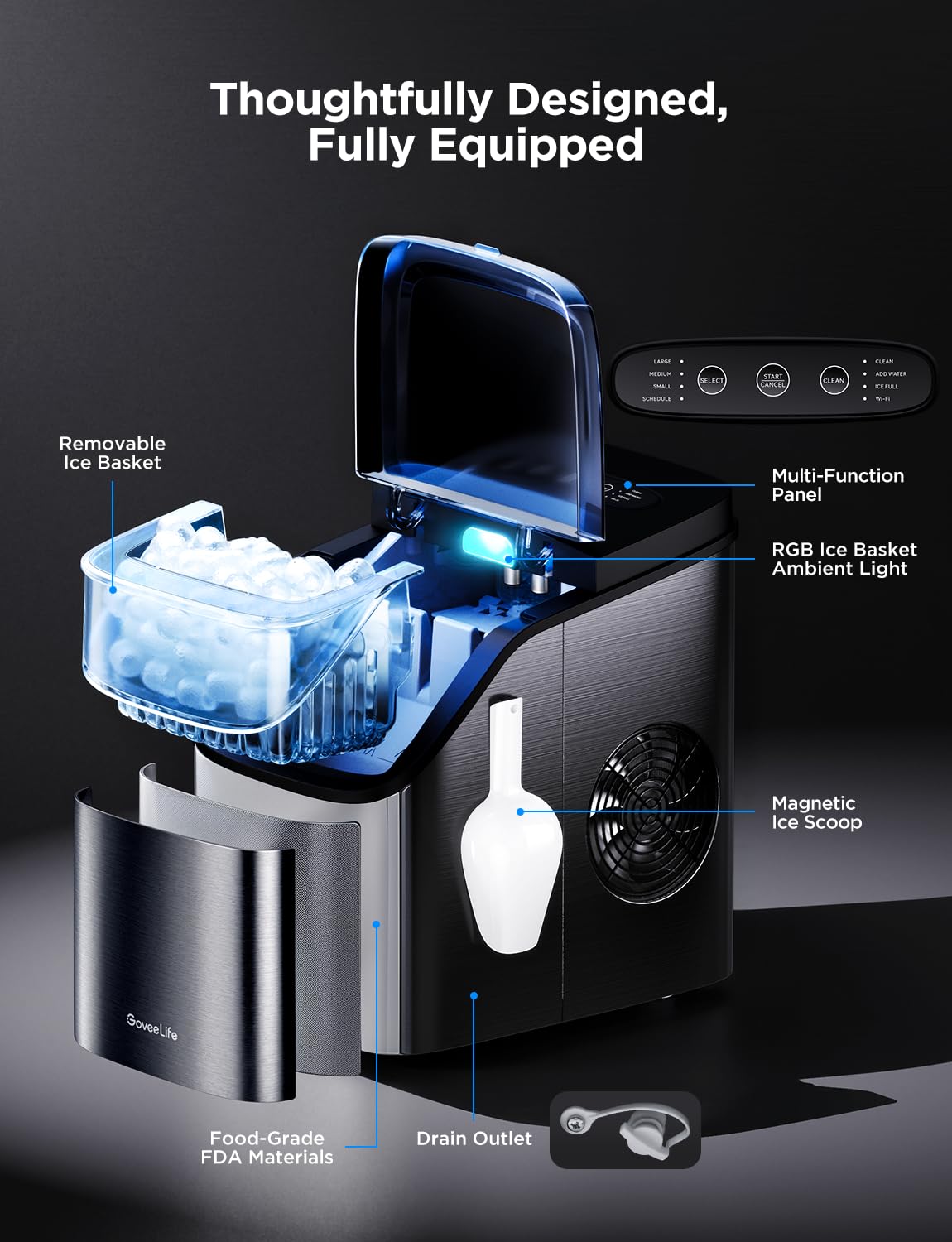 GoveeLife Smart Ice Maker Countertop, Portable Ice Machine with Voice Control, 9 Ice Cubes in 6 Minutes 3 Sizes, 26lbs/24Hrs, Self Cleaning RGB Lights, Quiet Ice Maker with Scoop for Kitchen Black | 9 Ice Cubes in 6 Mins 3 Sizes, Self Cleaning, RGB Lights, Portable Ice Machine with Scoop for Kitchen, Party GoveeLife Smart Ice Maker Countertop, Portable Ice Machine with Voice Control, 9 Ice Cubes in 6 Minutes 3 Sizes, 26lbs/24Hrs, Self Cleaning RGB Lights, Quiet Ice Maker with Scoop for Kitchen Black | 9 Ice Cubes in 6 Mins 3 Sizes, Self Cleaning, RGB Lights, Portable Ice Machine with Scoop for Kitchen, Party - Image 7