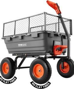 VEVOR 10 Cu.Ft 1200LBS Poly Garden Cart Dump Wagon, Heavy Duty Wheelbarrow with Convertible Handle and 13" Flat Free Tires, Outdoor Yard Wagon ATV Trailer Dump Cart Tow Behind for Lawn Mower Tractor