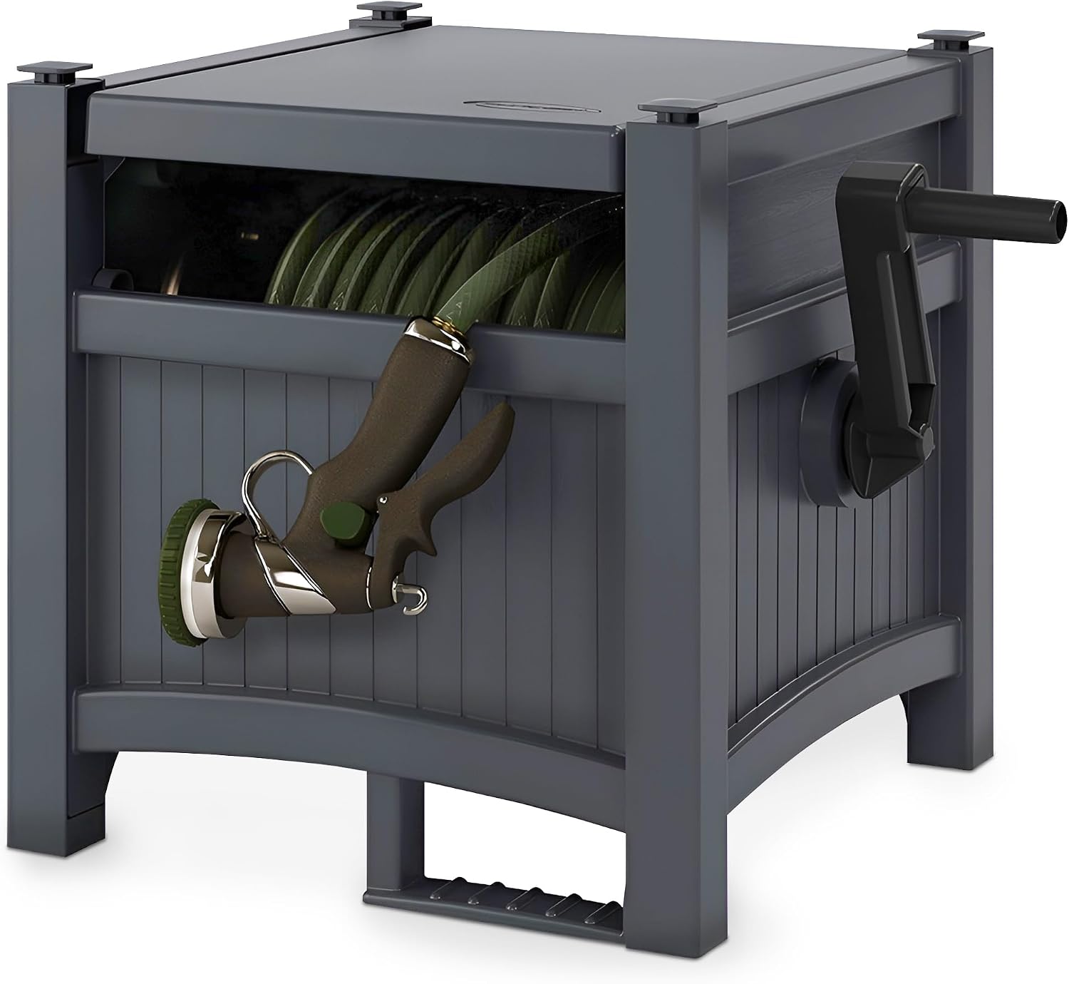 Suncast Garden Hose Hideaway Storage Reel Box, Cyberspace Grey – Resin Outdoor Container, Holds up to 100 Feet of 5/8 Inch Standard Vinyl Water Line – No Assembly Required Suncast Garden Hose Hideaway Storage Reel Box, Cyberspace Grey – Resin Outdoor Container, Holds up to 100 Feet of 5/8 Inch Standard Vinyl Water Line – No Assembly Required