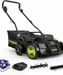 Sun Joe Cordless Scarifier & Dethatcher w/ 5 Depth Positions & 600W Brushless Motor, 15-Inch Cutting Width - Heavy-Duty Yard Trimmer, Lawn Maintenance, 24V-X2-DTS15