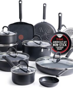 T-Fal Ultimate Hard Anodized Nonstick Pots and Pans Set 17 Piece, Nonstick Cookware Set with Fry Pan, Saucepans, Saute-Pan, Griddle, Dishwasher Safe, Onyx