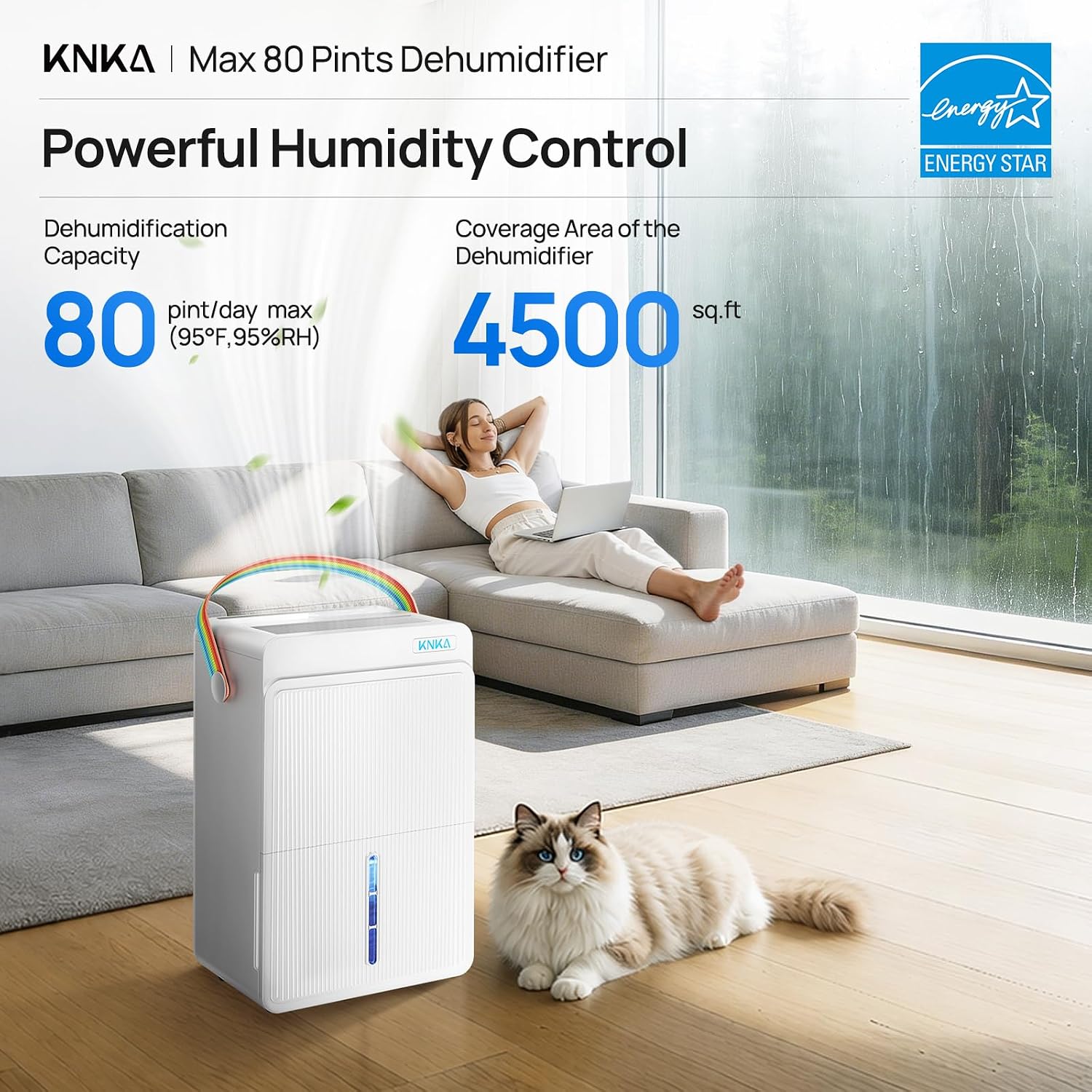 KNKA Energy Star 4500 Sq.Ft Dehumidifier for Basement, Max 80 Pint/Day | Dehumidifier with Drain Hose, Dehumidifiers for Home, Bedroom, Bathroom, Large Room, Smart Humidity Control, Sleep Mode KNKA Energy Star 4500 Sq.Ft Dehumidifier for Basement, Max 80 Pint/Day | Dehumidifier with Drain Hose, Dehumidifiers for Home, Bedroom, Bathroom, Large Room, Smart Humidity Control, Sleep Mode - Image 2