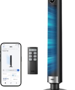 DREO Smart Tower Fan for Bedroom, 40”-45” Adjustable Height, 28 ft/s Velocity, DC Motor, 9 Speeds, 4 Modes, 90°Oscillating, Standing Fan, 20dB Quiet, 12H Timer for Home, Office, Google/Alexa, Black