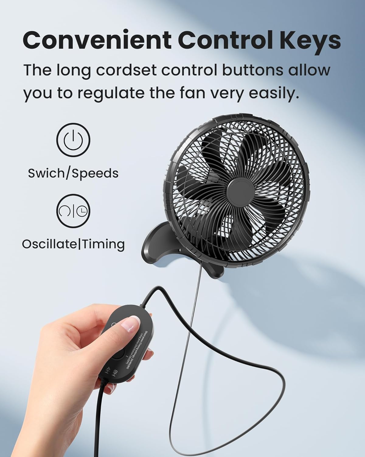 Koonie 12 Inch Wall Mount Fan, Quiet Wall Fan with Timer, 9.8ft Wired Remote, 80° Oscillation, 100° Adjustable, 3 Speeds High Velocity for RV Bedroom Kitchen Office Garage Koonie 12 Inch Wall Mount Fan, Quiet Wall Fan with Timer, 9.8ft Wired Remote, 80° Oscillation, 100° Adjustable, 3 Speeds High Velocity for RV Bedroom Kitchen Office Garage - Image 6