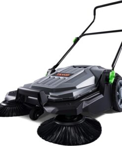 VEVOR Walk-Behind Hand Push Floor Sweeper with 25.6" Sweeping Width | Non-Electric, 5-Gallon Waste Container, Angle & Height Adjustable Folding Handle, Manual Floor Sweeper for Walkway Yard Patio