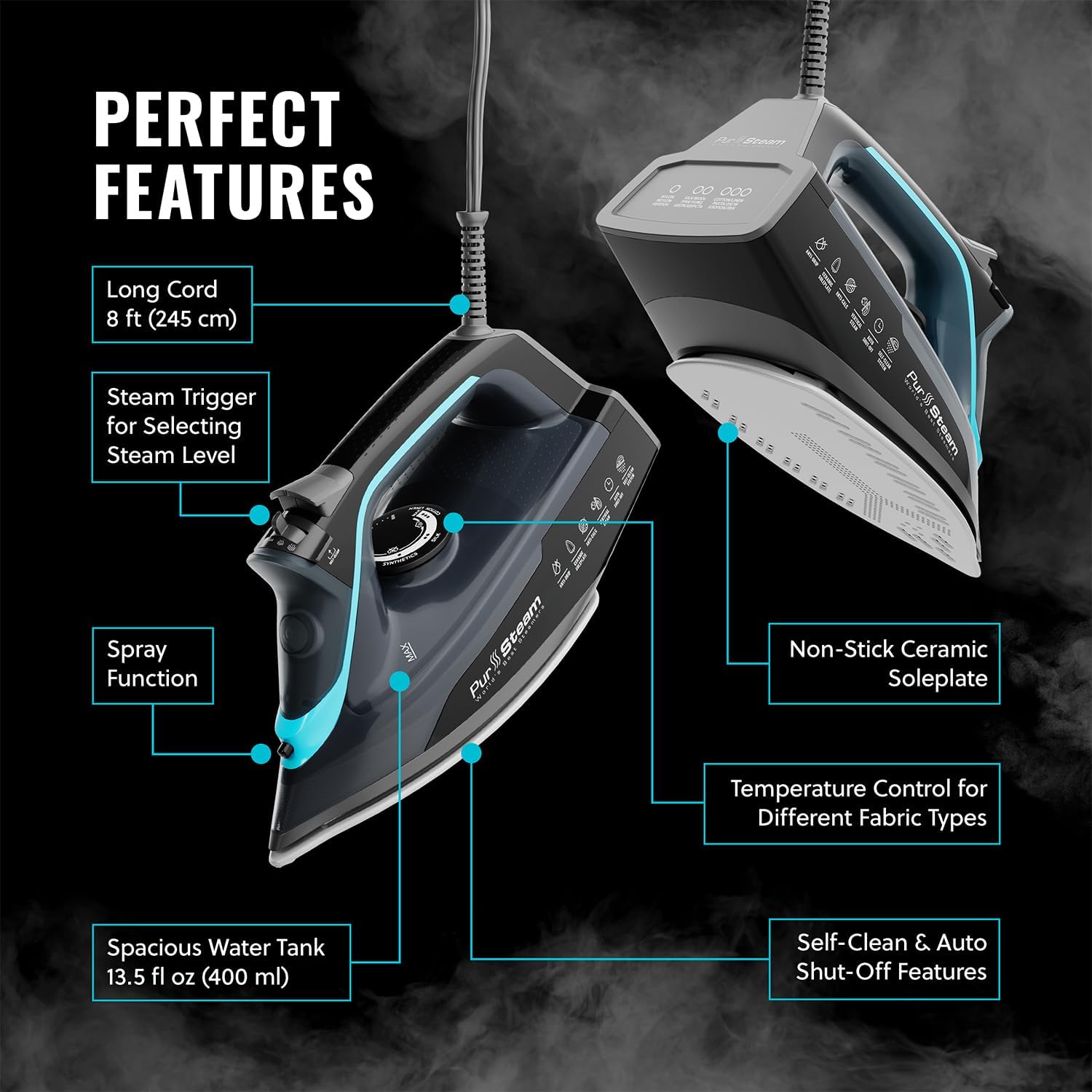 Pursteam SteamBurst+ 1750W Steam Iron, Ceramic Soleplate, Adjustable Steam, Burst of Steam, Self-Clean, Anti-Calc, Anti-Drip, Powerful & Long-Lasting Steam for All Fabrics Pursteam SteamBurst+ 1750W Steam Iron, Ceramic Soleplate, Adjustable Steam, Burst of Steam, Self-Clean, Anti-Calc, Anti-Drip, Powerful & Long-Lasting Steam for All Fabrics - Image 5