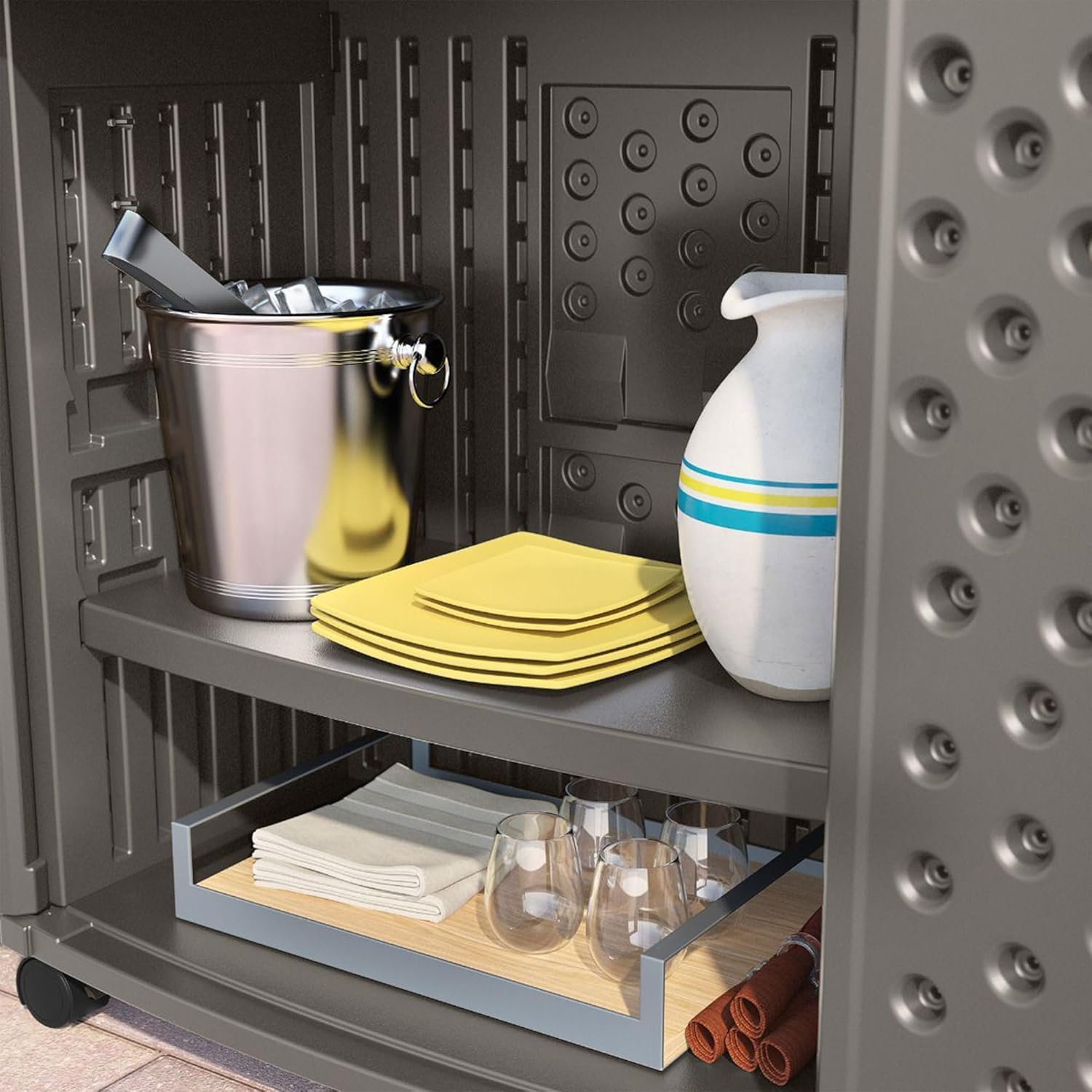 Suncast Patio Plastic Storage and Prep Station with Decorative Wicker Pattern and Multi Wall Panels for Patio, Garden, and Lawn Use, Stoney Gray Suncast Patio Plastic Storage and Prep Station with Decorative Wicker Pattern and Multi Wall Panels for Patio, Garden, and Lawn Use, Stoney Gray - Image 6