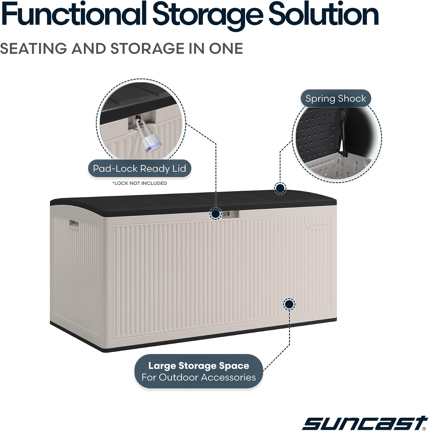 Suncast 160-Gal. Resin Extra-Large Outdoor Patio Deck Box with Pad-Lockable Lid, Modern Reeded Outdoor Patio Bench/Storage Box for Cushions, Garden Tools, and More, Iron Ore/French Gray Suncast 160-Gal. Resin Extra-Large Outdoor Patio Deck Box with Pad-Lockable Lid, Modern Reeded Outdoor Patio Bench/Storage Box for Cushions, Garden Tools, and More, Iron Ore/French Gray - Image 5