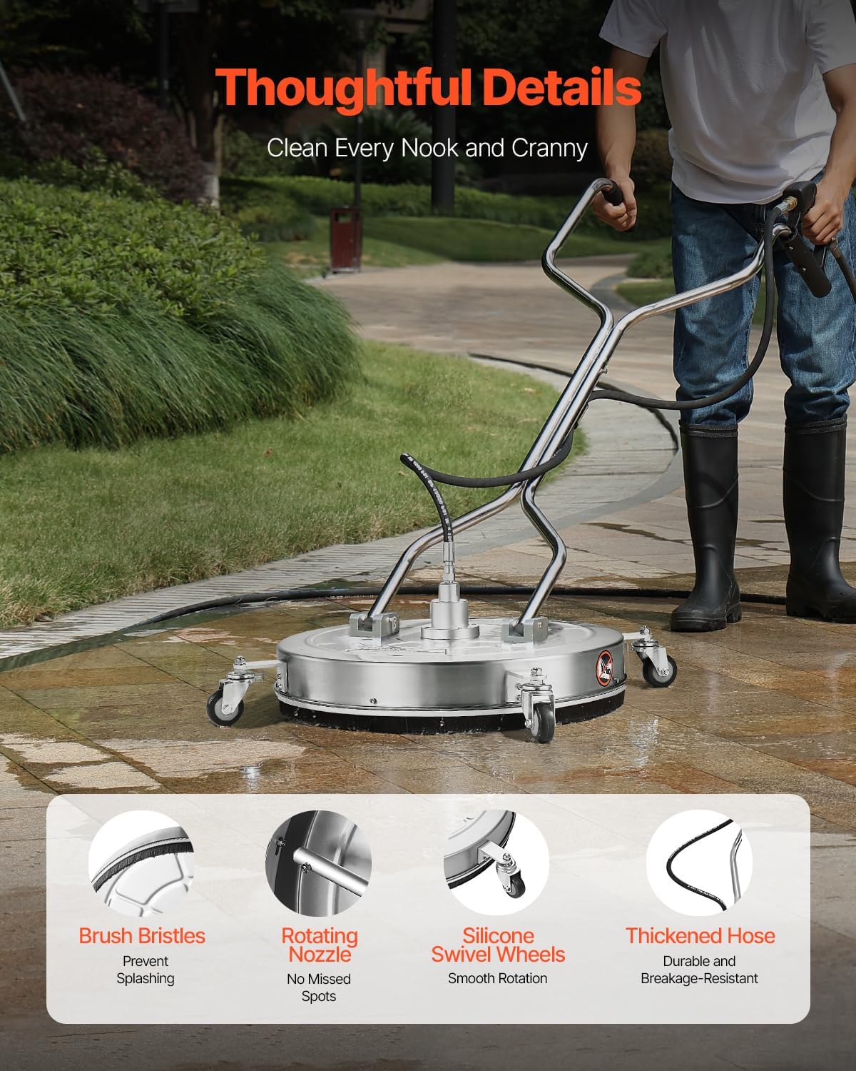 VEVOR 24 Inch Pressure Washer Surface Cleaner, 4000 PSI Stainless Steel Attachment with 4 Wheels, 2 Nozzles, 3/8 Inch Quick Connect and Dual Handle for Concrete, Patio, Sidewalk VEVOR 24 Inch Pressure Washer Surface Cleaner, 4000 PSI Stainless Steel Attachment with 4 Wheels, 2 Nozzles, 3/8 Inch Quick Connect and Dual Handle for Concrete, Patio, Sidewalk - Image 5