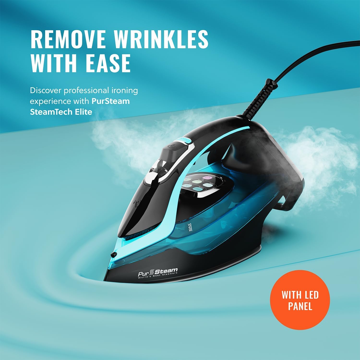 PurSteam SteamTech Elite 1750W Steam Iron, Digital Temp Control & LED Display, Ceramic Soleplate, Adjustable Steam, Self-Clean, Anti-Calc, Anti-Drip, Auto Shut-Off PurSteam SteamTech Elite 1750W Steam Iron, Digital Temp Control & LED Display, Ceramic Soleplate, Adjustable Steam, Self-Clean, Anti-Calc, Anti-Drip, Auto Shut-Off - Image 2