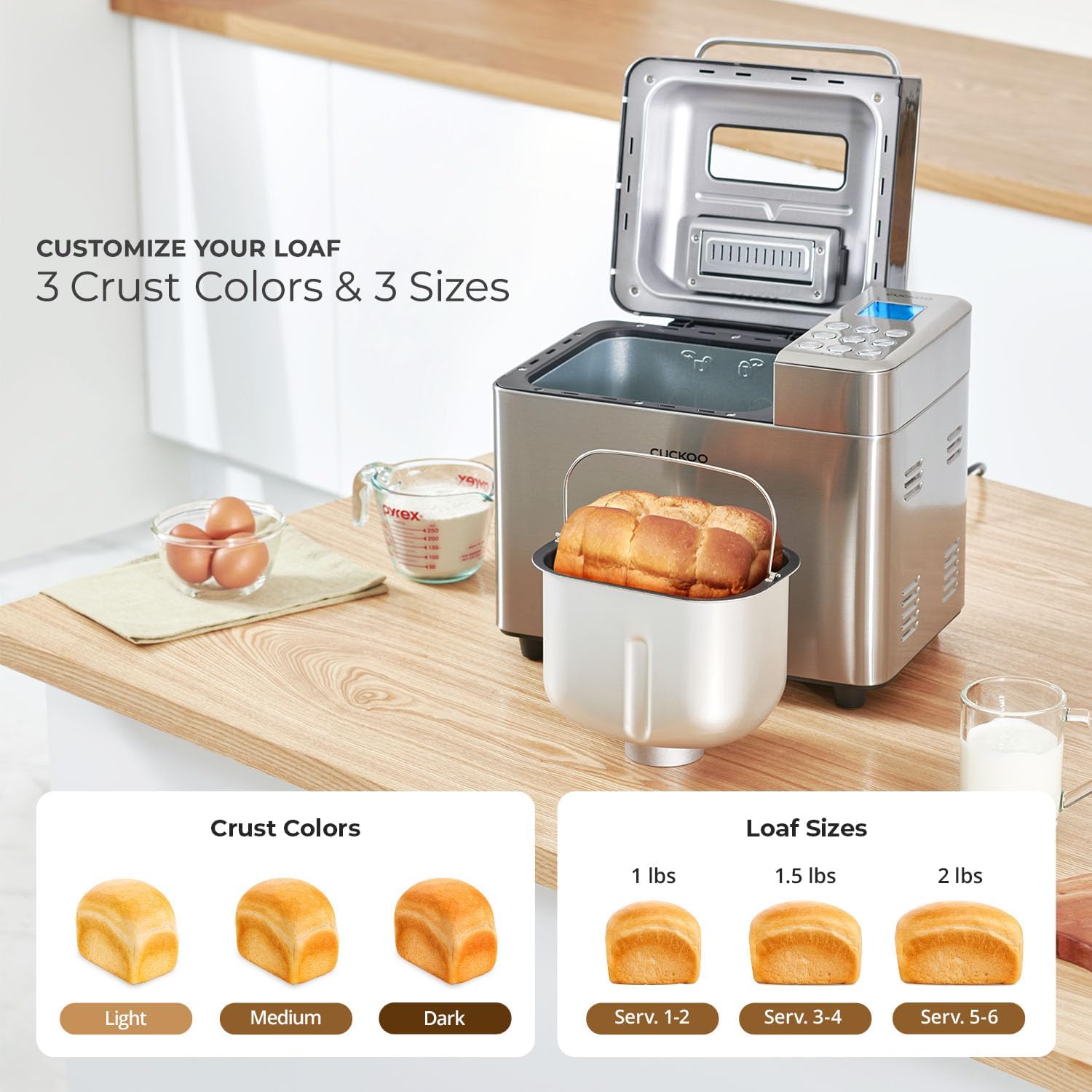 CUCKOO 2 lb. Bread Maker Machine with Auto Dispenser, CBM-AAB101S | 15 Menu Options, 3 Crust Colors, Fruit and Nut Dispensing, 6 Accessories, Sourdough Baking CUCKOO 2 lb. Bread Maker Machine with Auto Dispenser, CBM-AAB101S | 15 Menu Options, 3 Crust Colors, Fruit and Nut Dispensing, 6 Accessories, Sourdough Baking - Image 2