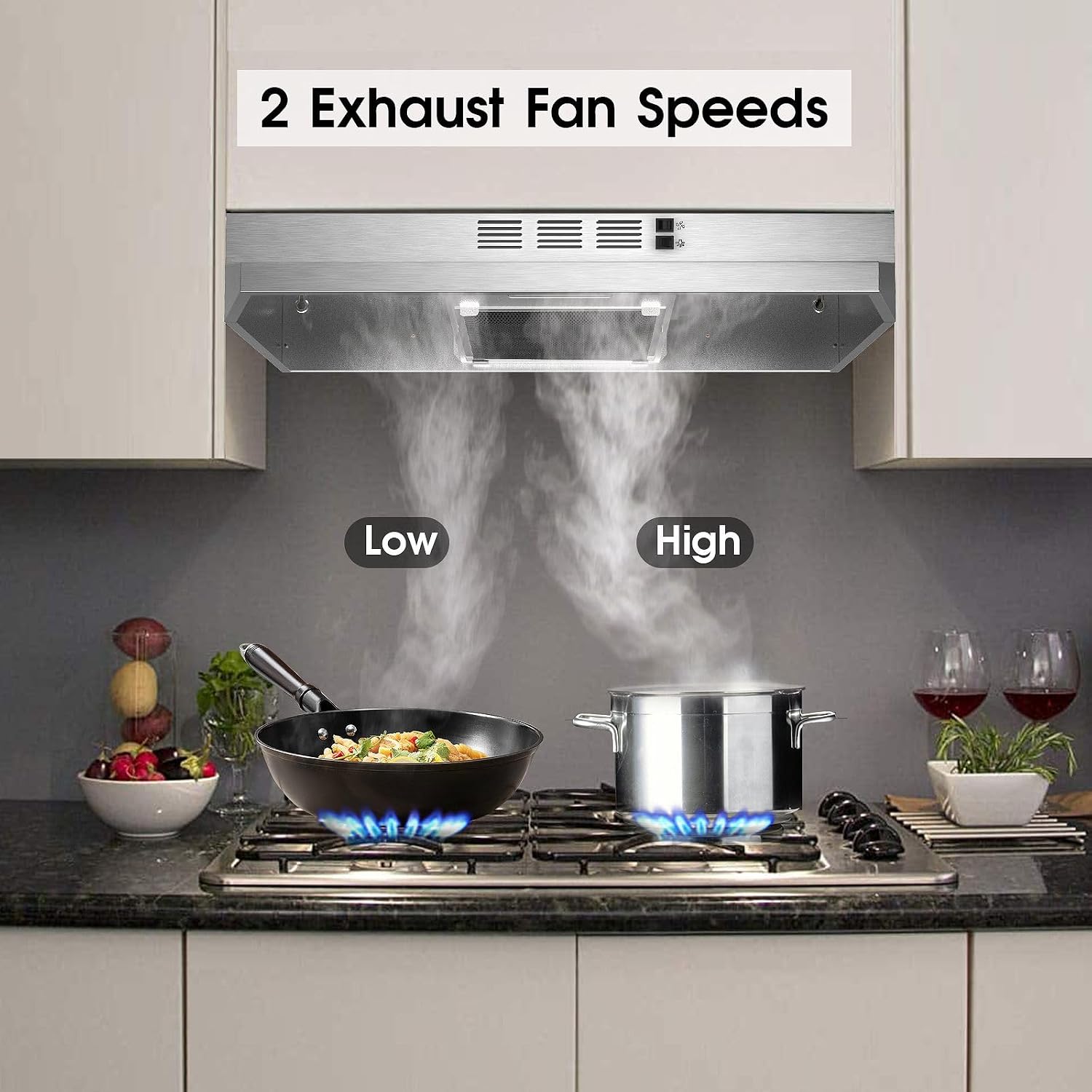 Range Hood 30 inch Under Cabinet, Stainless Steel Kitchen Vent Hood 280CFM, Built-in Kitchen Stove Hood w/Rocker Button Control, Ducted/Ductless Convertible Duct, 2 Speeds Fan, Bright LED Light Range Hood 30 inch Under Cabinet, Stainless Steel Kitchen Vent Hood 280CFM, Built-in Kitchen Stove Hood w/Rocker Button Control, Ducted/Ductless Convertible Duct, 2 Speeds Fan, Bright LED Light - Image 3