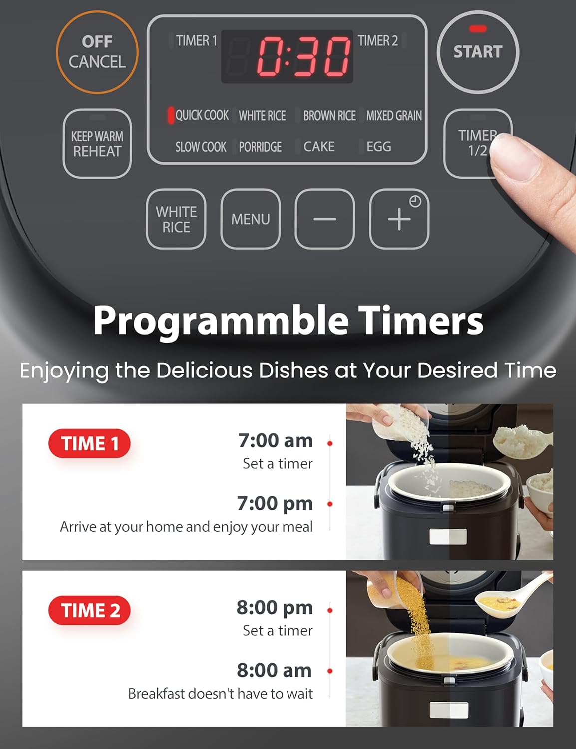 TOSHIBA Small Rice Cooker, 3-Cup Uncooked, for 1-3 People, LCD Display, 8 Cooking Functions, Nonstick Inner Pot, Grey TOSHIBA Small Rice Cooker, 3-Cup Uncooked, for 1-3 People, LCD Display, 8 Cooking Functions, Nonstick Inner Pot, Grey - Image 7