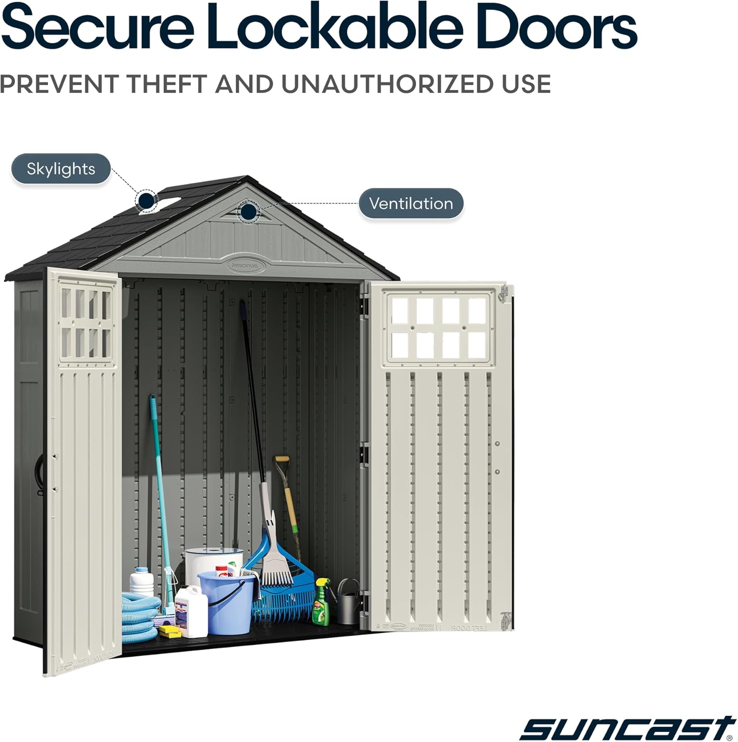 Suncast Everett 6x3 ft Vertical Storage Shed - Resin Outdoor Garden Shed with Floor, Windows, Skylight & Lockable Double Doors. Slim Yard Storage for Utility Tools & Backyard Equipment Suncast Everett 6x3 ft Vertical Storage Shed - Resin Outdoor Garden Shed with Floor, Windows, Skylight & Lockable Double Doors. Slim Yard Storage for Utility Tools & Backyard Equipment - Image 6