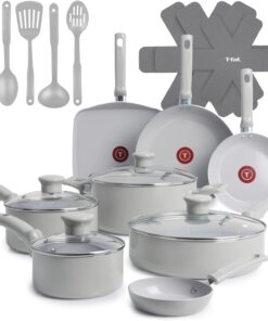 T-Fal Refresh Ceramic Pots and Pans Set, 20-Piece Nonstick Cookware Set, Stockpot, Griddle, Frying Pans, Utensils, Moon Grey