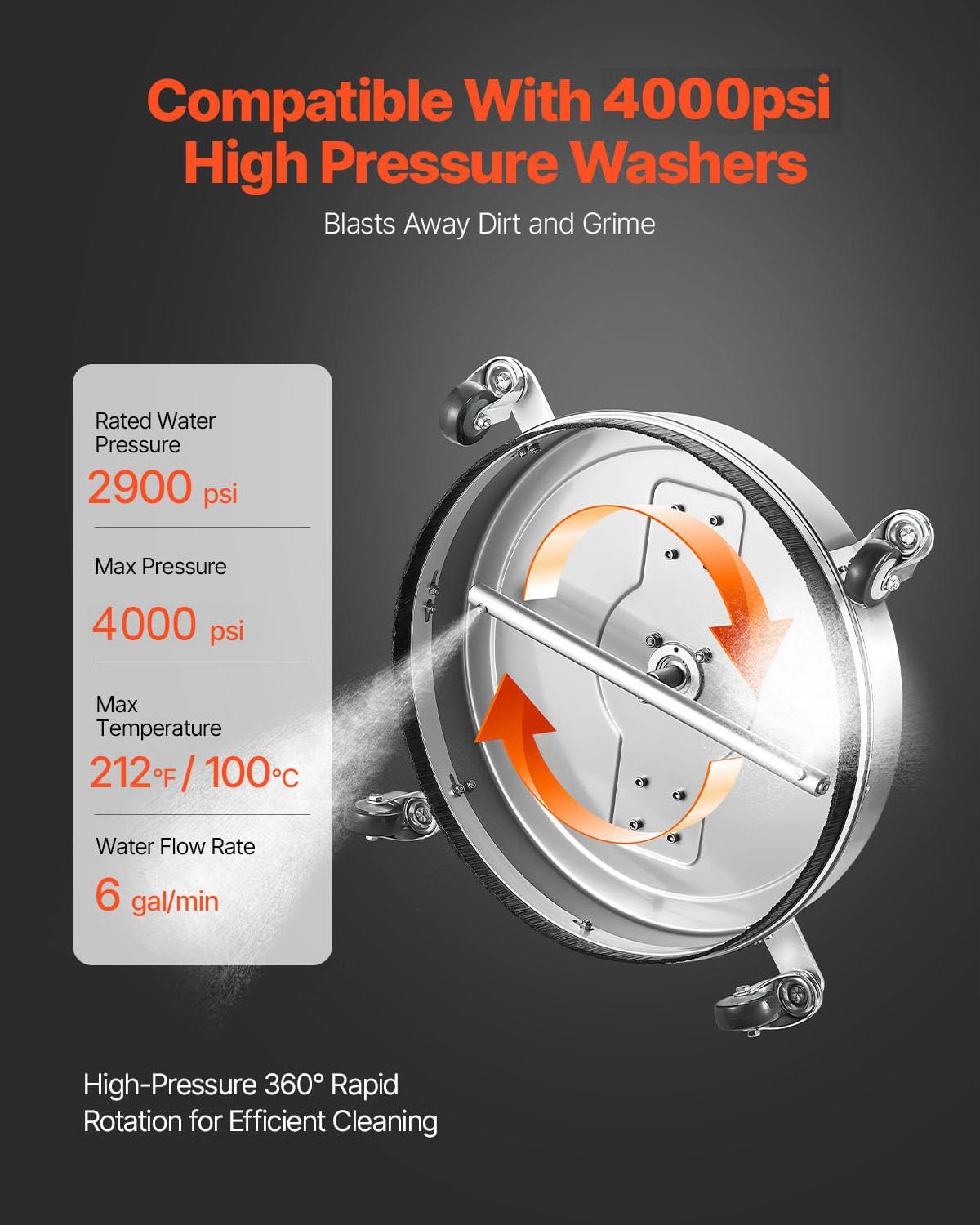 VEVOR 24 Inch Pressure Washer Surface Cleaner, 4000 PSI Stainless Steel Attachment with 4 Wheels, 2 Nozzles, 3/8 Inch Quick Connect and Dual Handle for Concrete, Patio, Sidewalk VEVOR 24 Inch Pressure Washer Surface Cleaner, 4000 PSI Stainless Steel Attachment with 4 Wheels, 2 Nozzles, 3/8 Inch Quick Connect and Dual Handle for Concrete, Patio, Sidewalk - Image 4