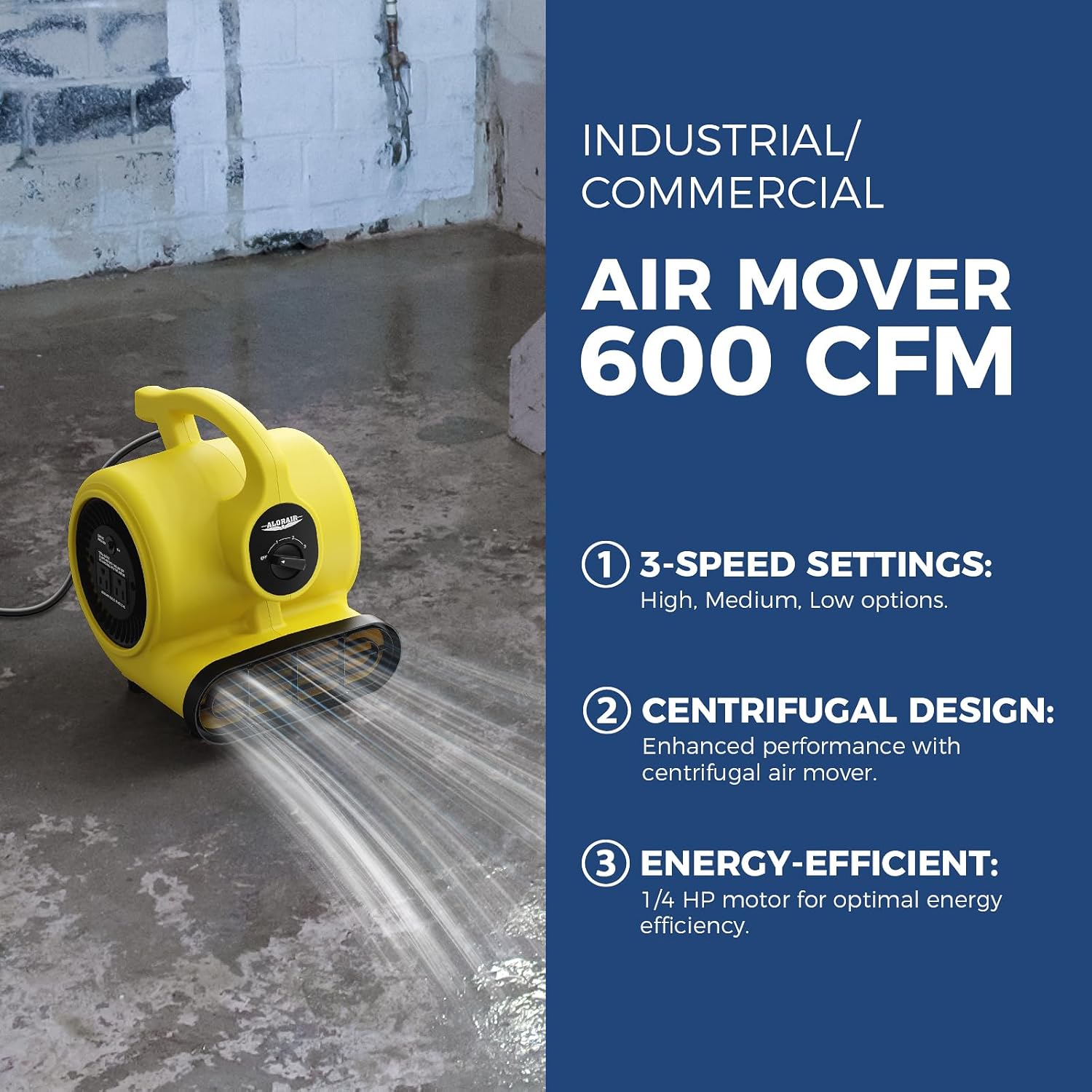 ALORAIR 600 CFM Air Mover Blower Fan for Industrial, Workshop, and Home Use - 3 Speeds, 5 Adjustable Angles and Daisy Chain - Ideal for Water Damage Restoration and Plumbing - GF600A Yellow ALORAIR 600 CFM Air Mover Blower Fan for Industrial, Workshop, and Home Use - 3 Speeds, 5 Adjustable Angles and Daisy Chain - Ideal for Water Damage Restoration and Plumbing - GF600A Yellow - Image 2