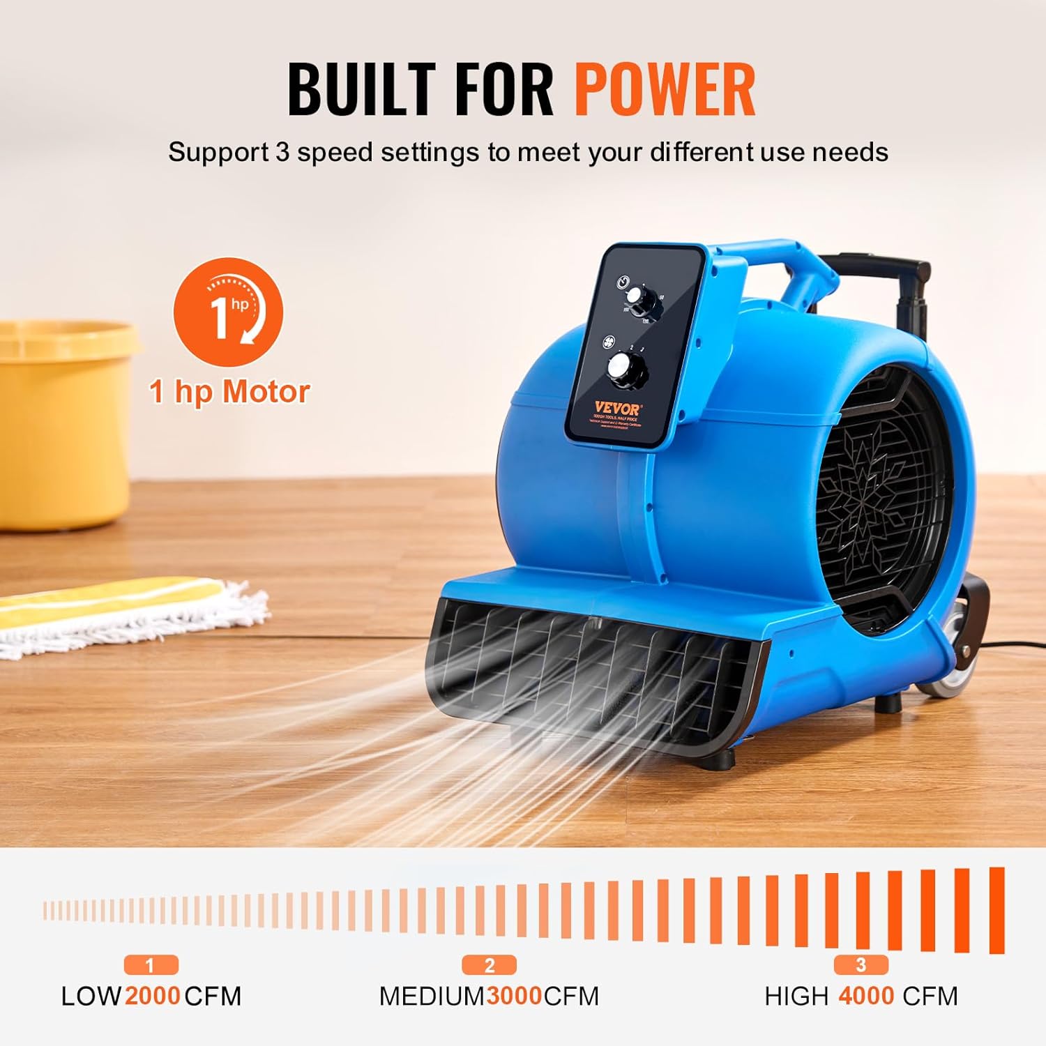 VEVOR Air Mover, 1 HP 4000 CFM Carpet Dryer for Cooling and Ventilating, Portable Floor Blower Fan with 3 Blowing Angles and Time Function, for Janitorial, Home, Commercial Use VEVOR Air Mover, 1 HP 4000 CFM Carpet Dryer for Cooling and Ventilating, Portable Floor Blower Fan with 3 Blowing Angles and Time Function, for Janitorial, Home, Commercial Use - Image 3